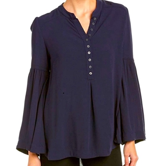 Free People Easy Girl Blouse Sz M Navy Blue Button Up Henley Bell Sleeve Blouse - Picture 1 of 8